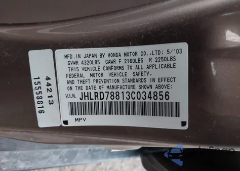 2003 Honda Cr-V Ex from USA, damaged, VIN JHLRD78813C034856